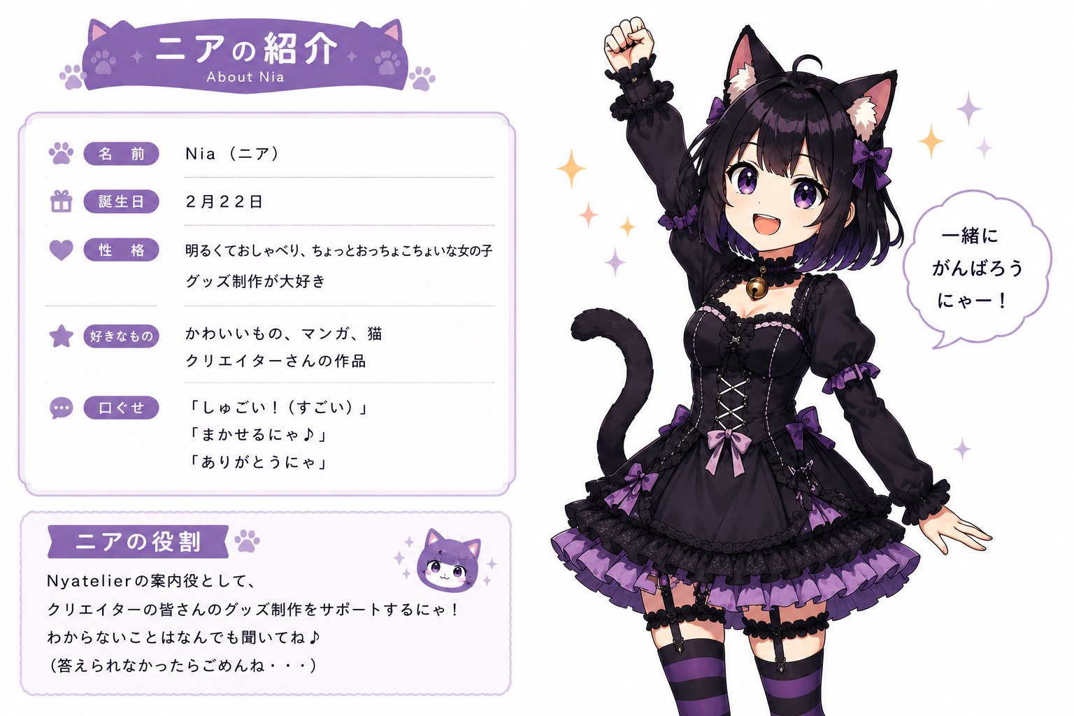 ニアの紹介：名前 Nia（ニア）、誕生日2月22日、明るくておしゃべりでちょっとおっちょこちょいな女の子。グッズ制作が大好き。好きなものは、かわいいもの・マンガ・猫・クリエイターさんの作品。口ぐせは「しゅごい！」「まかせるにゃ♪」「ありがとうにゃ」。Nyatelierの案内役としてクリエイターの皆さんのグッズ制作をサポートするにゃ！